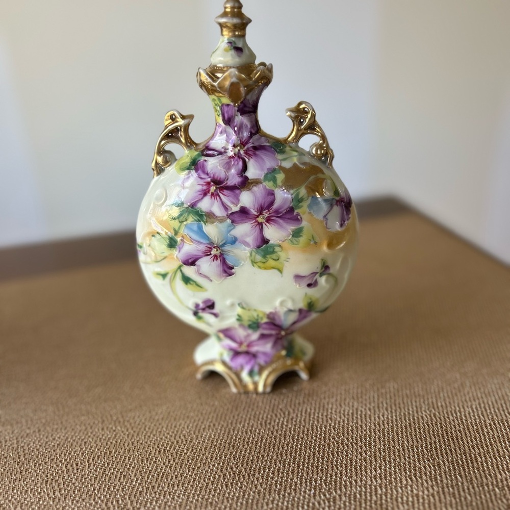 Stunning Victoria Style Lidded Floral Bottle with gold accents, Display, Purple